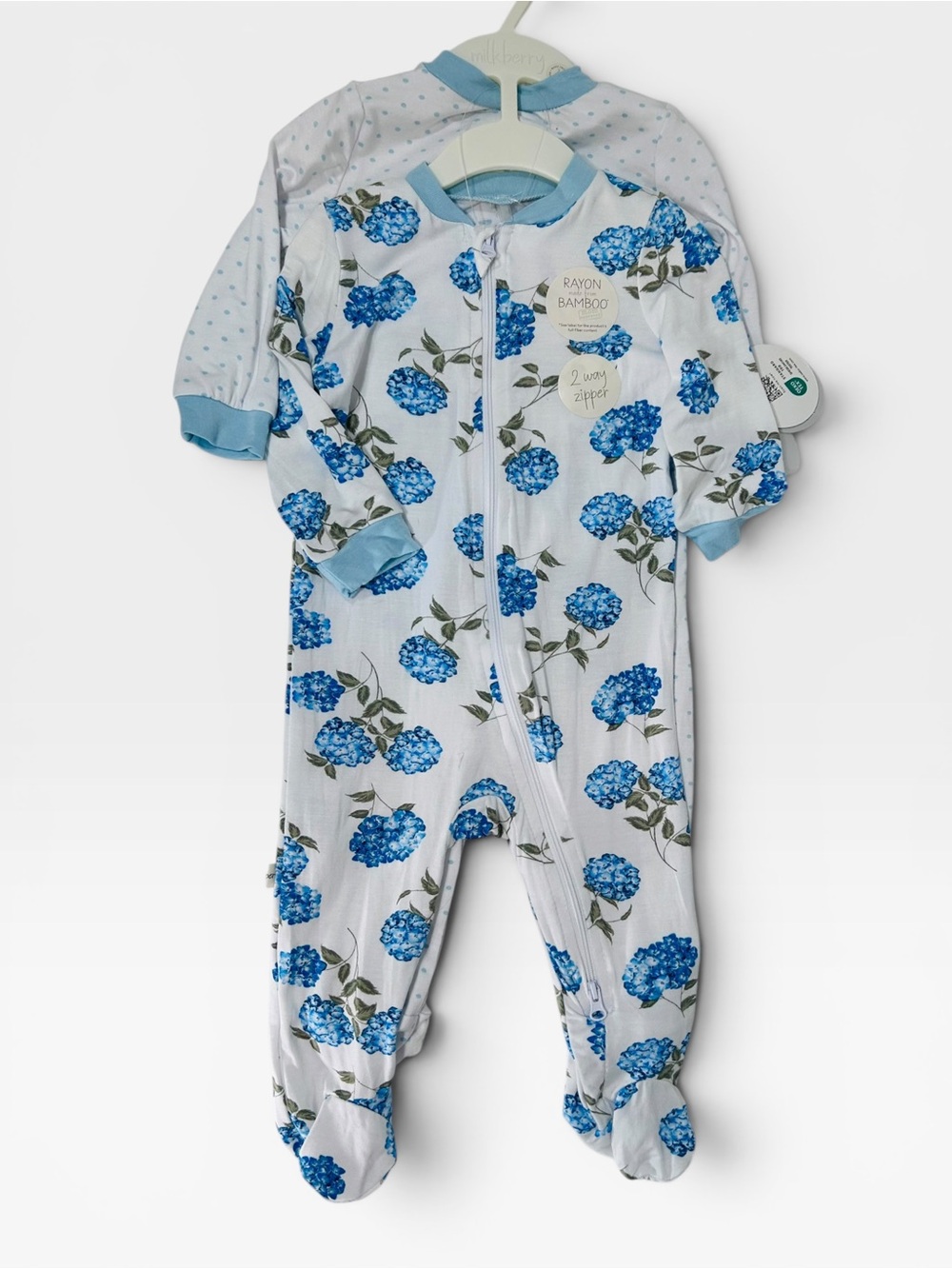 Milkberry NWT Bamboo Footie Pajamas Bundle 3-6M Blue Hydrangea Polka Dot 2 Pack